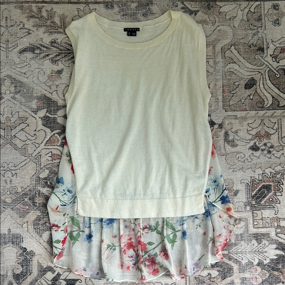 Theory Cream and Floral Layered Sleeveless Top